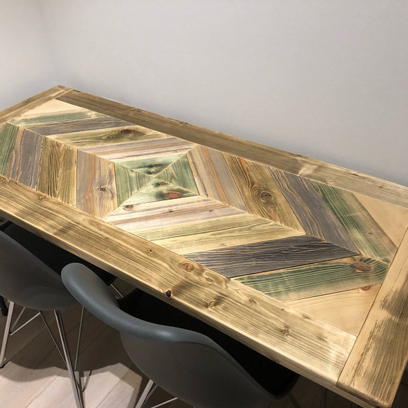 Table Desk >> Chevron Pattern << Reclaimed Wood, Handmade Console, Hairpin Legs, Solid Wood - Finished through OSMO oil image 9