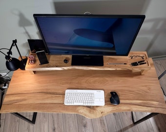 Log Oak Desk with Living Edges and Raw Iron Legs - Thin Oak Wood Desk