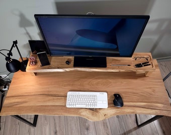 Bureau en chêne à rondins simples avec bords vivants et pieds en fer brut - Bureau en bois de chêne mince