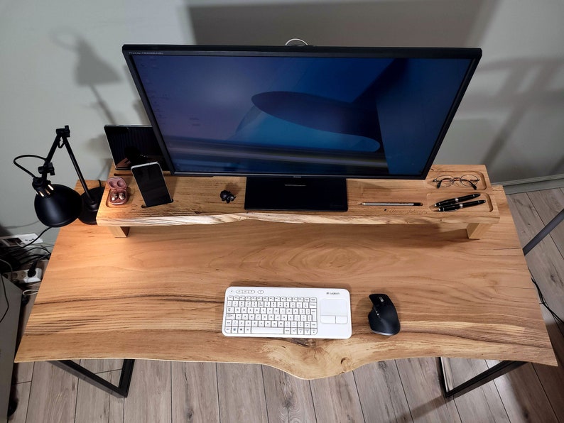 Single Log Oak Desk with Living Edges and Raw Iron Legs - Thin Oak Wood Desk