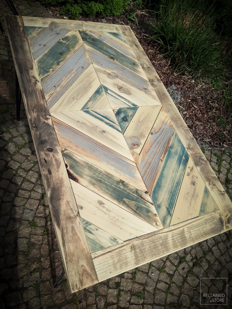 Table Desk >> Chevron Pattern << Reclaimed Wood, Handmade Console, Hairpin Legs, Solid Wood - Finished through OSMO oil image 7