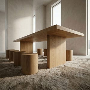 以下が含まれることがあります： 明るい茶色の仕上げの大きな長方形の木製テーブル。太い垂直の木製の脚で支えられています。テーブルの周りには、いくつかの円筒形の木製スツールが配置されています。部屋はニュートラルな色使いで、シャギーラグが敷かれています。