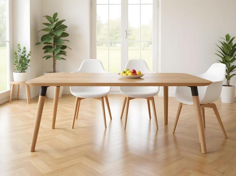 Modern solid oak dining table with clean lines - 180cm tabletop in natural oak finish - Minimalist tapered legs - Handcrafted in EU with free shipping
