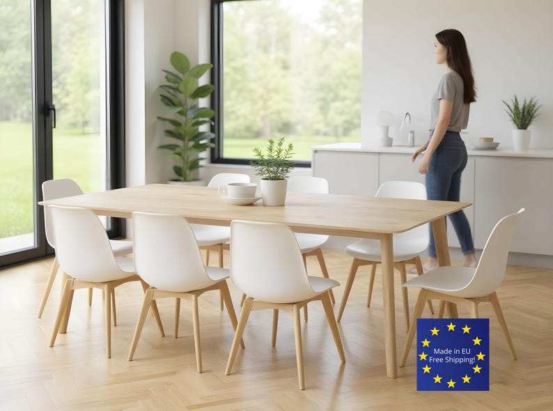 Modern solid oak dining table with clean lines - 180cm tabletop in natural oak finish - Minimalist tapered legs - Handcrafted in EU with free shipping