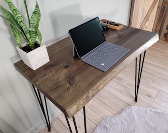 Solid Wood Desk - Minimalist Live Edge Desk - Compact Handcrafted Wood Table with Hairpin Legs