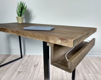 Wood Desk with Cable Tray, Square 2x4 Metal Legs and, Reclaimed Furniture Desk, Industrial Desk, Reclaimed Wood Dining Table