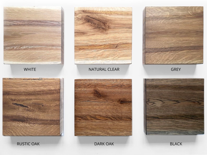 May include: Six wood samples in different colours: white, natural clear, grey, rustic oak, dark oak, and black. The samples are arranged in two rows of three.