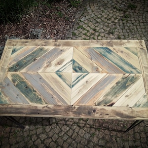 Table Desk >> Chevron Pattern << Reclaimed Wood, Handmade Console, Hairpin Legs, Solid Wood - Finished through OSMO oil image 3