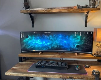 Reclaimed Wood Desk with monitor stand / shelf, Old Wood & Solid Metal Legs, Reclaimed Furniture Desk, Industrial Desk, Wood Office Desk