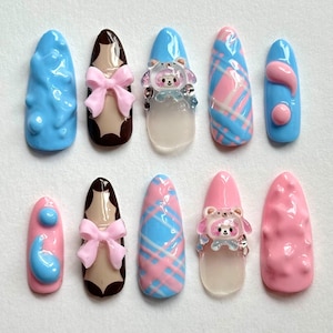 Chunky Pastel Press On Nails: My Melody 3D Nail Art
