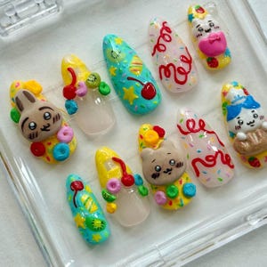Chiikawa Bakery Press on Nails - 3D Nail Art - hand painted nails - custom hand made nails - fun nail designs -Kawaii nails - Anime nails