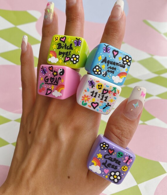 Colourful Hand Painted Chunky Ring Size 