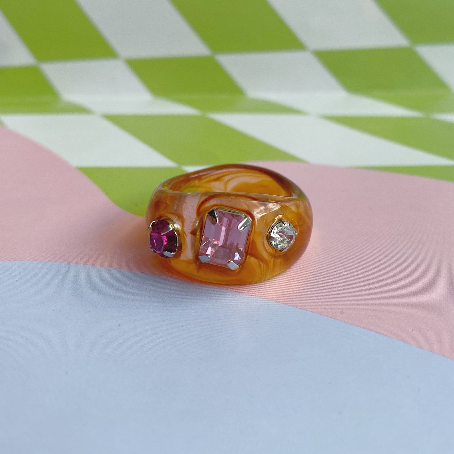 Chunky 90s Ring with Rhinestone size 7 / Resin Ring Etsy