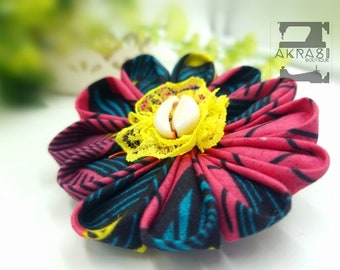 Ankara Print Flower Pin | Electric Pink Lace Brooch with Cowrie Shell