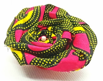 African wax red, black and yellow print rose flower with pearl centre | flower pin | flower hair clip | flower brooch | clothing accessories