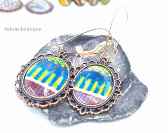 Oval kente copper drop earrings sealed in resin