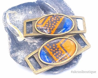 Étiquette de chaussures orange et bleu imprimé à la cire africaine | serrures en dentelle ankara | accessoires vestimentaires