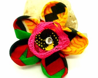 Kente Print Fabric Flower Pin | Kanzashi Style, Gemstone Accent