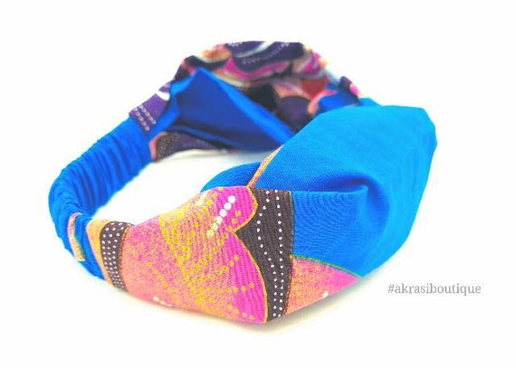 Blue Ankara floral print half turban headband African twisted headband