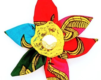 Star flower with vintage button centre in African print fabric flower pin | flower hair clip | flower brooch | clothing accessories