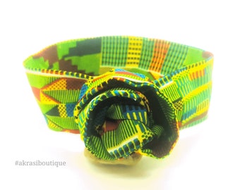 Cravate verte de cheveux de torsion de fil de Kente enveloppement de cheveux bandeau ( Headwrap d’impression de cire africaine La proétoire de fil d’impression d’Ankara (en anglais seulement) cravate de cheveux de fil