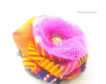 Kente fabric rose with vintage button centre | flower hair clip | flower brooch |
