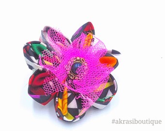 Kente Print Flower Pin | Vintage Gemstone Button, Pink Lace