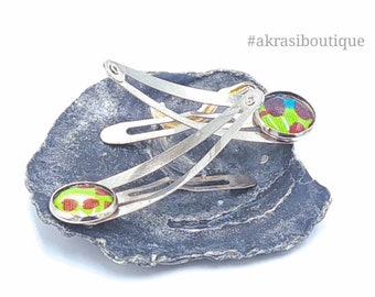African wax print detail snap clip in dark silver | green, white and red hair clip | hair accessories