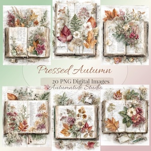 May include: A collection of digital images featuring open vintage books decorated with pressed autumn leaves, dried flowers, and botanical specimens. The text "Pressed Autumn", "20 PNG Digital Images", and "Autumntide Studio" is visible.