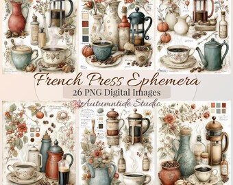 Paleta de imágenes PNG de 26 imágenes efímeras para cafetera francesa ~ Cafetera floral, cafetera, granos de café, imágenes efímeras para diarios creativos, álbumes de recortes y clipart