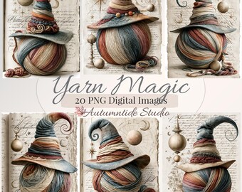 Conjunto de 20 imágenes PNG de Yarn Magic ~ Ovillo de lana con sombrero de bruja, lunas y estrellas para tejer y hacer ganchillo. Imágenes de fondo para imprimir en páginas de diario creativo.