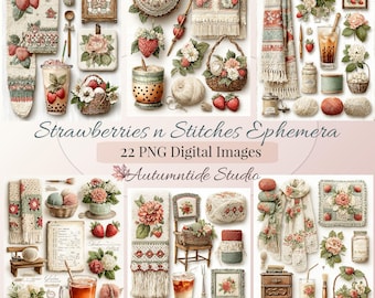 Conjunto de 22 imágenes PNG de Strawberries n Stitches Ephemera ~ Fondo de fresas de ganchillo estilo cabaña para bebidas frías, páginas para diarios creativos y álbumes de recortes.