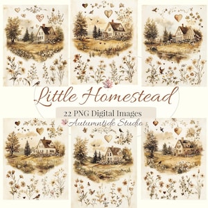 May include: A collection of 22 digital PNG images titled Little Homestead by Autumntide Studio. Each image features sepia-toned illustrations of houses, trees, wildflowers, birds, and hearts, arranged in a grid layout on a light background.