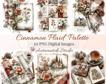 Conjunto de 20 imágenes PNG de la paleta de cuadros canela ~ Libros de franela otoñales, ramos florales, collage de pueblo, papeles para diarios creativos, páginas de scrapbooking, imágenes prediseñadas