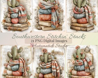 Conjunto de 21 imágenes PNG de Southwestern Stitchin Stacks ~ Bufanda de cactus saguaro, pila de libros de hilo, tejido a dos agujas y ganchillo, imágenes de fondo, páginas de diarios creativos, papeles