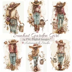Könnte beinhalten: Digitale Illustration einer Frau mit Sonnenhut und Jeans, die eine Gießkanne und Blumen hält. Der Text "Sunhat Garden Girl" und "24 PNG Digital Images" ist zu sehen. Die Kunst hat einen Aquarellstil.