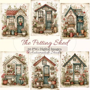 Könnte beinhalten: Eine Sammlung von sechs Illustrationen im Aquarellstil, die verschiedene Gartenhäuser umgeben von üppigen Blumen und Grünpflanzen zeigen. Der Text lautet The Potting Shed, 20 PNG Digital Images und Autumntide Studio in Schreib- und Serifenschrift.