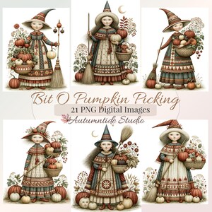 May include: A collection of six digital illustrations featuring figures in pointed hats and patterned dresses holding brooms and baskets of pumpkins. The text reads Bit O Pumpkin Picking, 21 PNG Digital Images, and Autumntide Studio.