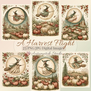 Un vuelo de cosecha 23 imágenes PNG JPG ~ Bruja volando en escoba Luna llena Otoño Campo de calabazas Clipart Gráficos Página Diario de recortes Tarjeta Scrapbooking