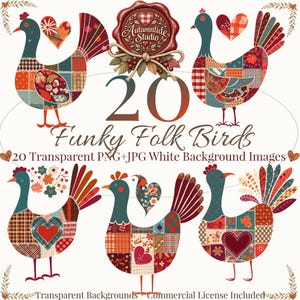 20 imágenes PNG de pollos patchwork vintage, imágenes prediseñadas de aves folclóricas originales, sublimación de gallo con corazón patchwork, gallina y pavo.