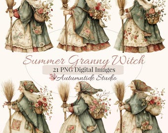 Letnia Babcia Wiedźma 21 PNG i JPG Zestaw ~ Vintage Kwiatowy Patchwork Miotłowe Róże Clipart Obrazy Junk Journaling Ephemera Scrapbooking Clipart
