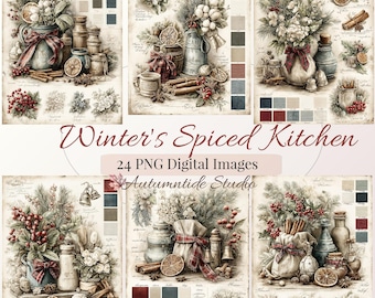 Conjunto de 24 imágenes PNG de la paleta de colores Winters Spiced Kitchen ~ Acebo, bayas, especias, lazo de cuadros rojos, efímeros, collage, páginas de diario creativo, imágenes prediseñadas para álbumes de recortes