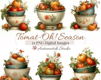 Zestaw PNG „Tomat-Oh!” z sezonu 21 ~ Vintage Floral Tomato Garden Tomatoes, Basil Mixing Bowls, Clipart Images Junk Journaling, Scrapbooking, Clipart