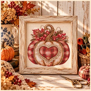 Patrón de punto de cruz de calabaza con corazón a cuadros n.° 3PDF ~ Gráfico de punto de cruz estilo campestre ~ Arte popular primitivo Descarga digital premium