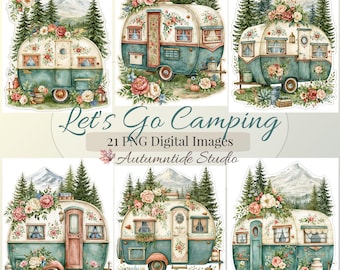 Let's Go Camping 21 PNG Set ~ Vintage Boho Floral Campers Teardrop Trailers Clipart Images Junk Journaling Ephemera Scrapbooking Clipart