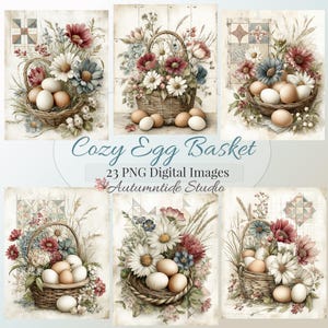 May include: A collection of six digital illustrations featuring woven baskets filled with white eggs and assorted flowers including daisies and red blooms. The text Cozy Egg Basket 23 PNG Digital Images Autumntide Studio is centred.
