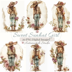 Könnte beinhalten: Aquarellillustrationen eines Mädchens mit Sonnenhut, Jeans und Stiefeln, umgeben von floralen Akzenten. Das Bild enthält den Text "Sweet Sunhat Girl" und "20 PNG Digital Images" aus der "Autumntide Studio" Kollektion.