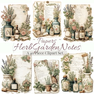 Può includere: Una collezione di clipart in stile vintage con illustrazioni botaniche. L'immagine presenta bottiglie decorative, vasi e carta invecchiata con composizioni floreali ed erbe. Il testo recita "Papers Herb Garden Notes A 40 Piece Clipart Set."