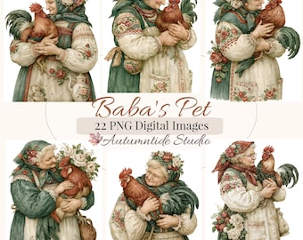 Conjunto de 22 imágenes PNG de la mascota de Baba ~ Imágenes prediseñadas de gallinas, gallos y abuelas con motivos florales vintage para diarios creativos y álbumes de recortes.