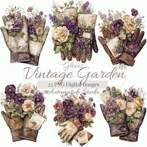 Peut inclure: Images numériques de gants de jardinage en cuir vintage remplis de fleurs colorées. Les gants sont dans des tons de marron et de beige, avec des bouquets de fleurs violettes, jaunes et blanches. Le texte "Vintage Garden" et "23 PNG Digital Images" est également visible.